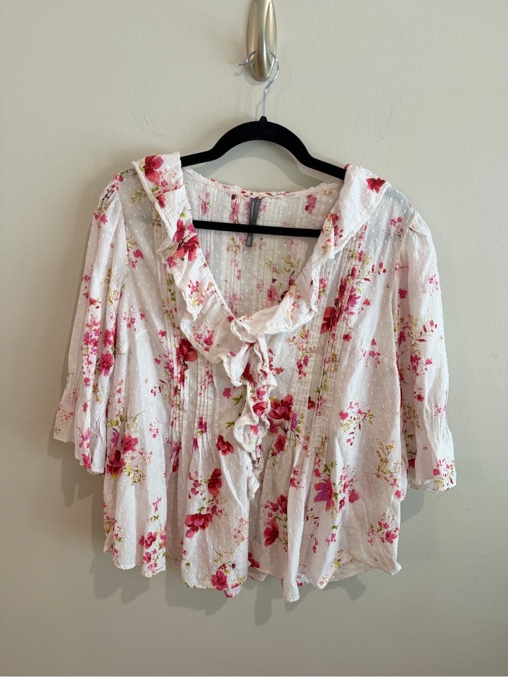 Anthropologie Floral Ruffle Front Blouse - White with Pink Floral